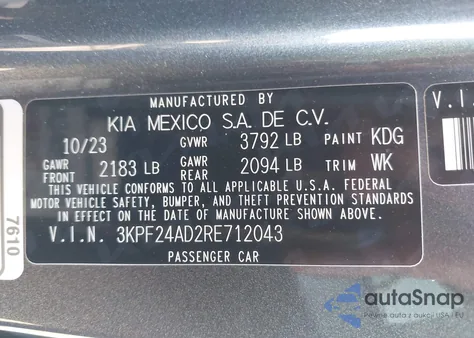 2024 Kia Forte Lxs z USA, uszkodzony, nr VIN 3KPF24AD2RE712043